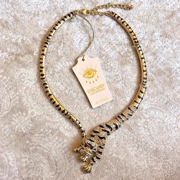 Brand New Eye Candy Gold Tone Crystal Leopard Collar Statement Necklace Jungle - Picture 1 of 15